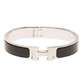 مملوكة مسبقًا Hermes Clic Clac H Black Enamel Palladium Plated Narrow Bracelet GM