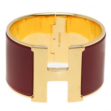 Pre Owned Hermes Clic Clac H Extra Wide Red Enamel Gold-Plated Bracelet PM
