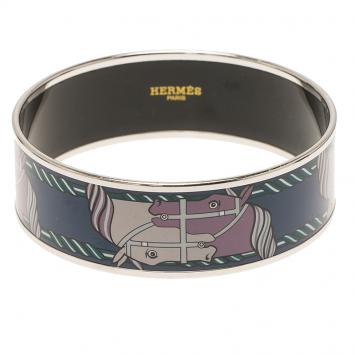 Pre Owned Hermes H Horse Printed Blue Enamel Palladium Plated Wide Bangle 21cm