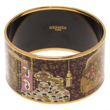 مملوكة مسبقًا Hermes Extra Wide Printed Enamel Gold Plated Bangle Bracelet