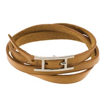 Pre Owned Hermès Hapi 3 MM Brown Leather Palladium Plated Bracelet