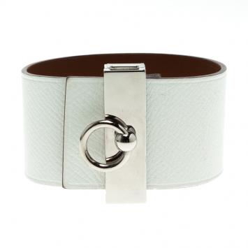 Pre Owned Hermes Imprévisible White Leather Palladium Plated Wide Bracelet