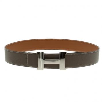 Pre Owned Hermes Brown/Beige Leather Palladium Contance Reversible Belt 90 CM