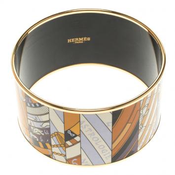 Pre Owned Hermes Astrologie Nouvelle Enamel Print Gold Plate Extra Wide Bangle Bracelet GM