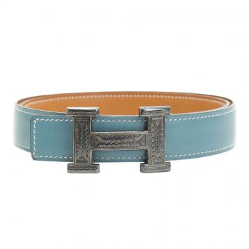 Pre Owned Hermes Blue and Brown Leather Touareg Buckle Belt 80CM