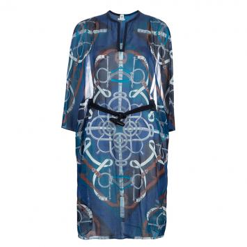 Pre Owned Hermes Blue Printed Corded Belt Detail Sheer Kimono Dress M