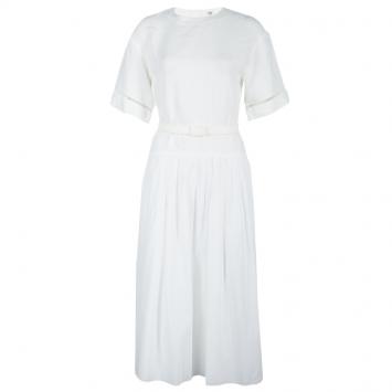 Pre Owned Hermes White Cotton-Linen Belted Dress S