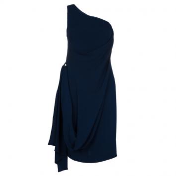 Pre Owned Hermes Blue Silk Knit One Shoulder Draped Dress S