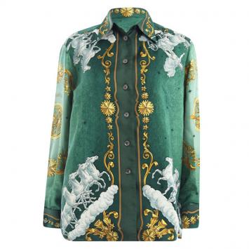 Pre Owned Hermes Green Horse Print Silk Shirt M