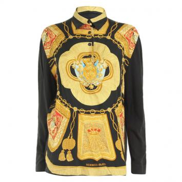 مملوكة مسبقًا Hermes Black Baroque Print Silk Shirt M