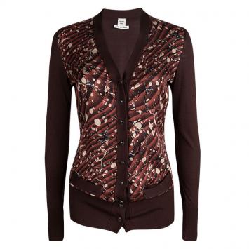 Pre Owned Hermes Brown Printed Silk Ribbed Trim Cardigan S