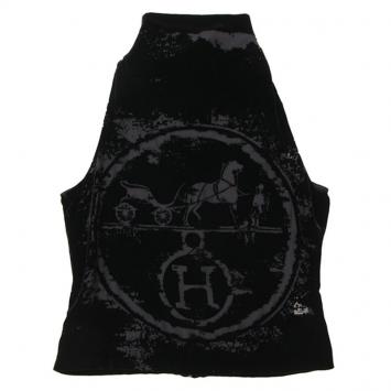 Pre Owned Hermes Black Print Velour Halter Top L