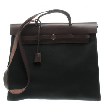 Pre Owned Hermes Dark Brown/Black Leather and Canvas Herbag Zip 39 Bag