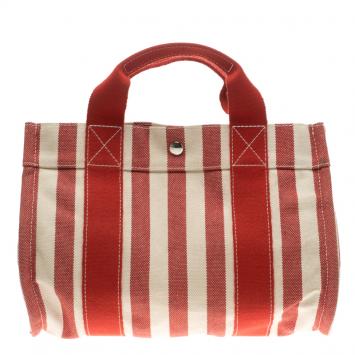 Pre Owned Hermes Red and White Striped Canvas Cannes PM Beach Tote