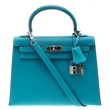 Pre Owned Hermes Blue Paon Chevre de Coromandel Leather Palladium Hardware Kelly Sellier 25  Bag