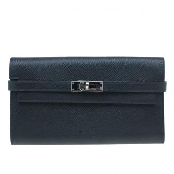 Pre Owned Hermes Black Grain d'H Leather Palladium Plated Kelly Wallet
