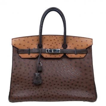Pre Owned Hermes Brown Tri Color Ostrich Leather Palladium Birkin 35 Bag