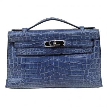Pre Owned Hermes Blue Niloticus Crocodile Palladium Kelly Pochette