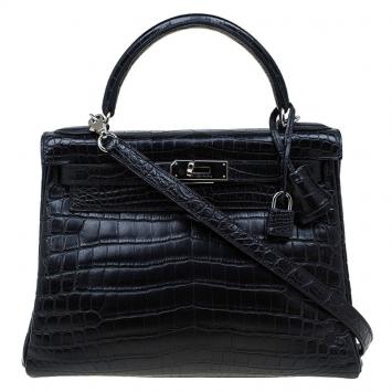 Pre Owned Hermes Black Niloticus Crocodile Palladium Hardware Kelly Retourne 28 Bag