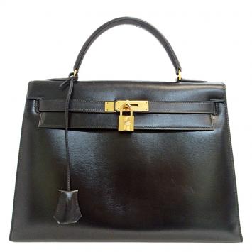 Pre Owned Hermes Black Leather Box Calf Leather Kelly 32 Bag