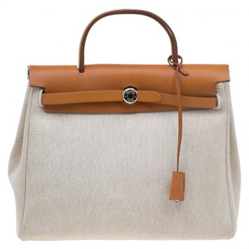 Pre Owned Hermes Tan/Beige Leather and Canvas Herbag 2 in 1