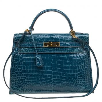 Pre Owned Hermes Blue Marine Porosus Crocodile Gold Hardware Kelly Sellier 32 Bag
