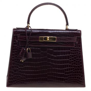 Pre Owned Hermes Dark Marron Crocodile Gold Hardware Kelly Sellier 28 Bag
