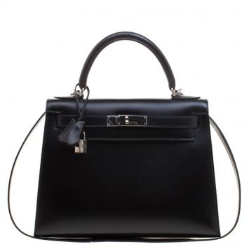 Pre Owned Hermes Black Box Calf Leather Palladium Hardware Kelly Sellier 28 Bag