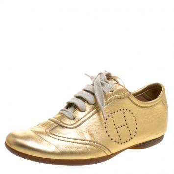 Pre Owned Hermes Gold Metallic Leather Pewter Perforated H Lace Up Sneakers Size 38