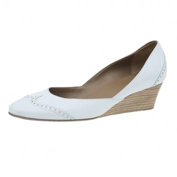 Pre Owned Hermes White Brogue Leather Wedge Pumps Size 39