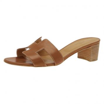 Pre Owned Hermes Brown Leather Oasis Slides Size 39