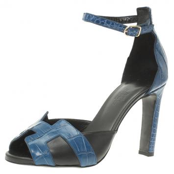 Pre Owned Hermes Blue Croc and Black Leather Initiale Sandals Size 37