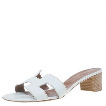 Pre Owned Hermes White Leather Oasis Slides Size 39.5