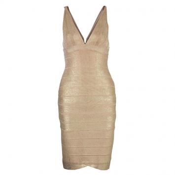 Pre Owned Herve Leger Champagne Bodycon Dress M