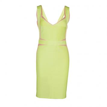 Pre Owned Herve Leger Citrus Yellow Estelle Bandage Dress M