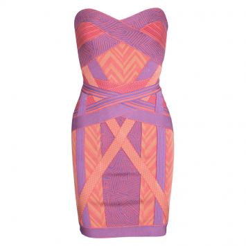 Pre Owned Herve Leger Colorblock Arden B Chevron Pattern Strapless Bandage Dress S 