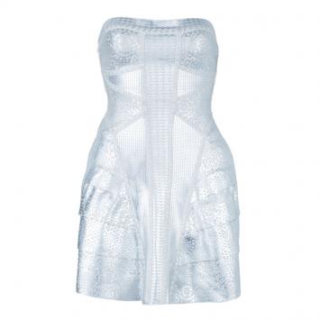 Pre Owned Herve Leger Faux Silver Leather Bandage Dress S