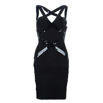 Pre Owned Herve Leger Black Sequin Bandage Dress XS 