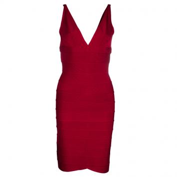 Pre Owned Herve Leger Red Bandage Dress M