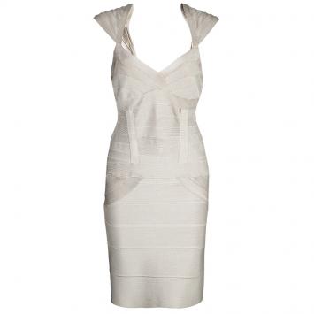 Pre Owned Herve Leger Beige Bandage Dress M