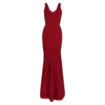 Pre Owned Herve Leger Red Bandage Flared Bottom Ellen Gown S