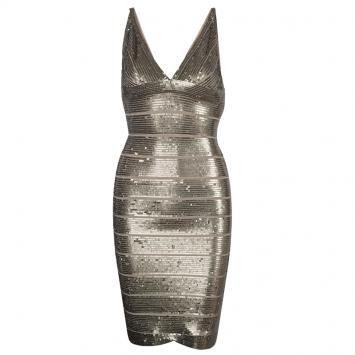 Pre Owned Herve Leger Gold Sequin Bandage Dress S