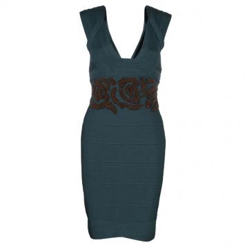 Pre Owned Herve Leger Emerald Green Beaded Waist Detail Sleeveless Bandage Dress S