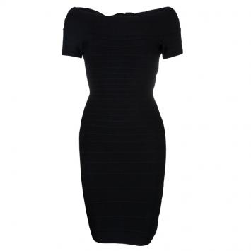Pre Owned Herve Leger Black Short Sleeve Bandage Dress XS