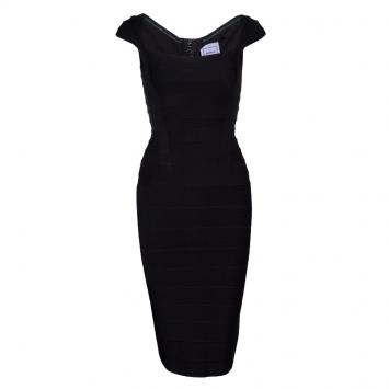 Pre Owned Herve Leger Black Knit Cap Sleeve Bandage Dress XXS