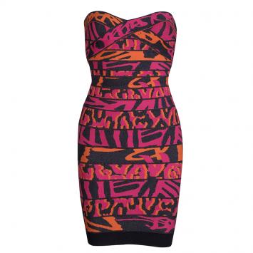 Pre Owned Herve Leger Multicolor Jacquard Knit Strapless Bandage Dress XXS
