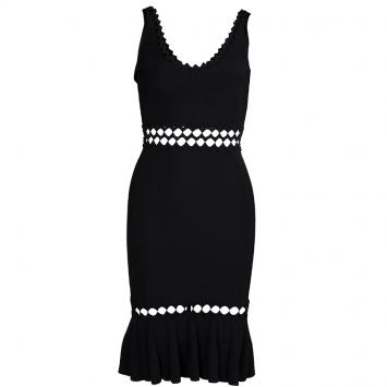 Pre Owned Herve Leger Black Knit Flared Cutout Detail Dress S