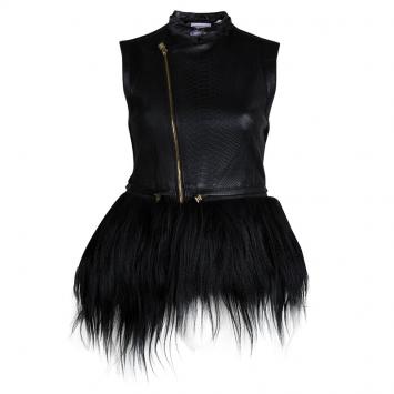 Pre Owned Herve Leger Black Lambskin Leather Fur Trim Vest XS