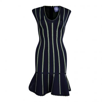 Pre Owned Herve Leger Navy Blue Knit Flared Bottom Bodycon Dress XS