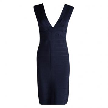 Pre Owned Herve Leger Blue Night V-Neck Bandage Dress M